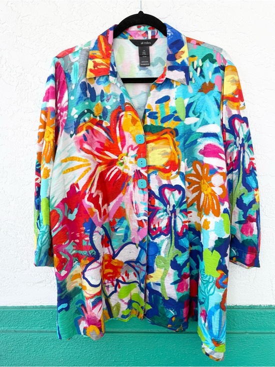 Ali Miles Tops - Ali Miles Floral Button Front Blue White Tunic Top Jacket 1X NWT